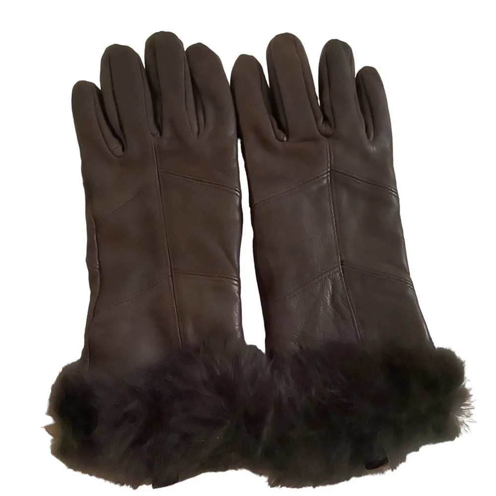 Leather and Fur Trimmed Gloves Small Dark Brown Winter